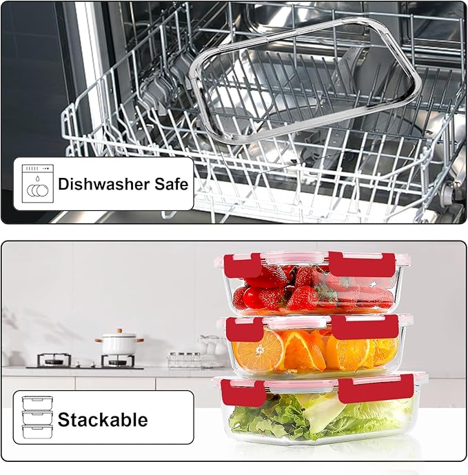 VERONES 10 Pack 22 OZ Glass Meal Prep Containers, Airtight Glass Lunch Containers Set, Glass Food Storage Containers with Lids,Exclusive of BPA, for Microwave, Oven, Freezer & Dishwasher Friendly,Red