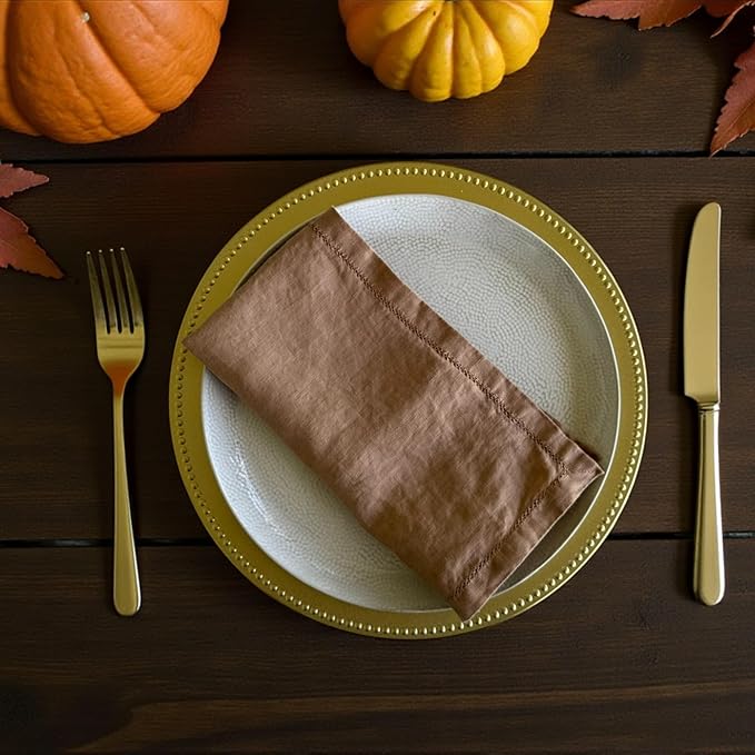 Hemstitched Linen Napkins – 20 Inch x 20 Inch – Stonewashed Pure Linen Cloth Dinner Napkins with Mitered Corners - 100% French Flax – Machine Washable - Set of 4 (Caramel)