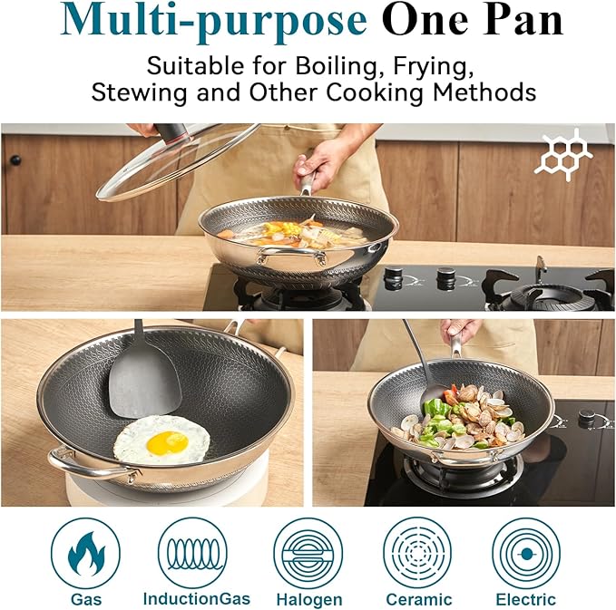 Wok, 12 Inch Stainless Steel Wok, Hybrid Nonstick Woks & Stir-fry Pans with Lid, Honeycomb Wok Pan with Stay-Cool Handle, Dishwasher and Oven Safe, PFOA Free Cookware
