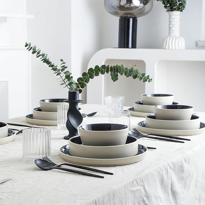 Stone Lain Elica 24-Piece Modern Dinnerware Set Stoneware, Plates and Bowl Sets for 8, Black and Beige