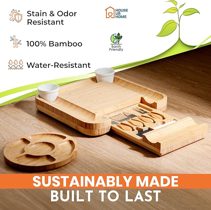 Large Bamboo Charcuterie Boards Gift Set with Hidden Drawer, Side Fruit Tray, Cheese Knife Set, Ceramic Bowls, Recipe Book - House Warming Gifts New Home