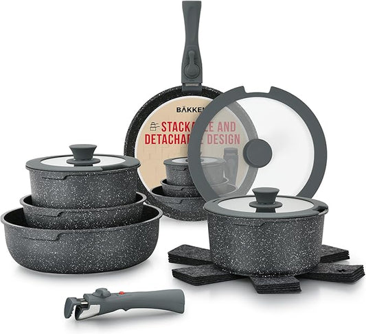 Pots & Pans Set Non Stick Ceramic-Granite – 14-Piece Cookware with Detachable Handles, Stackable Space-Saving, Dishwasher Safe, Oven & All-Stove Safe, Tempered Glass Lids, Black Granite