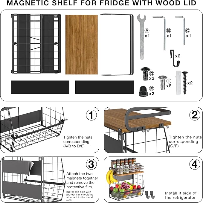 Magnetic Shelf for Fridge with Wood Lid, Large Capacity Wire Basket Magnetic Spice Rack for Refrigerator Kitchen Storage Bin for Fruit, Onion, Potatoes, Storage Organizer for Counter & Cabinet, Black