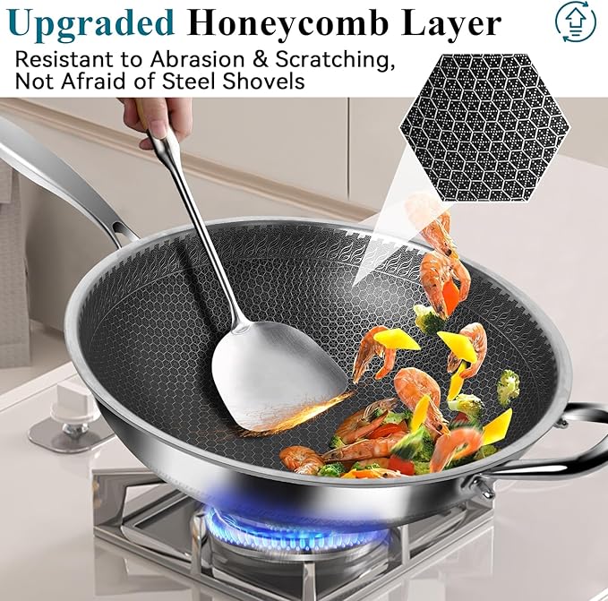 Wok, 12 Inch Stainless Steel Wok, Hybrid Nonstick Woks & Stir-fry Pans with Lid, Honeycomb Wok Pan with Stay-Cool Handle, Dishwasher and Oven Safe, PFOA Free Cookware