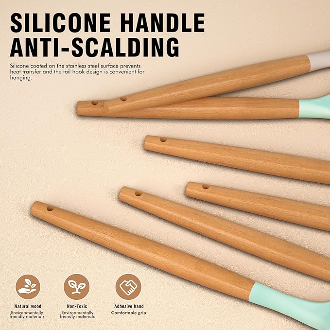 Silicone Cooking Utensils Set - Silicone Kitchen Utensils for Cooking Wooden Handles, 446°F Heat Resistant Kitchen Utensil Spatula Sets w Holder, Gadgets for Non-Stick Cookware BPA FREE (Multicolour)