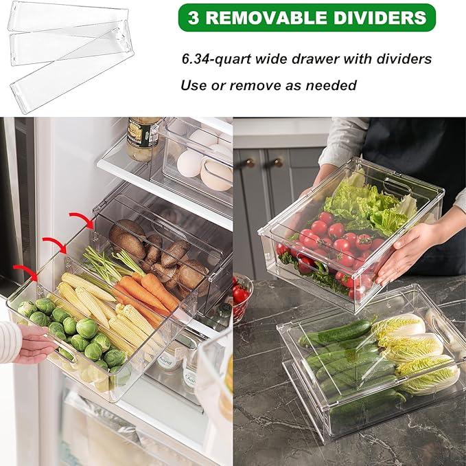 Taiuloo 3 Pack Stackable Refrigerator Organizer Bins with Pull-Out Drawer, Clear BPA-Free Food Storage Containers for Fridge Freezer, Kitchen Pantry Cabinet & Bathroom Vanity Organization