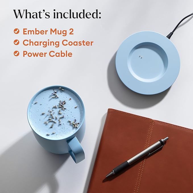 Ember Temperature Control 14oz Smart Mug 2, App-Controlled and Rechargeable Heated Coffee Cup Warmer with Intelligent LED Display, Powder Blue