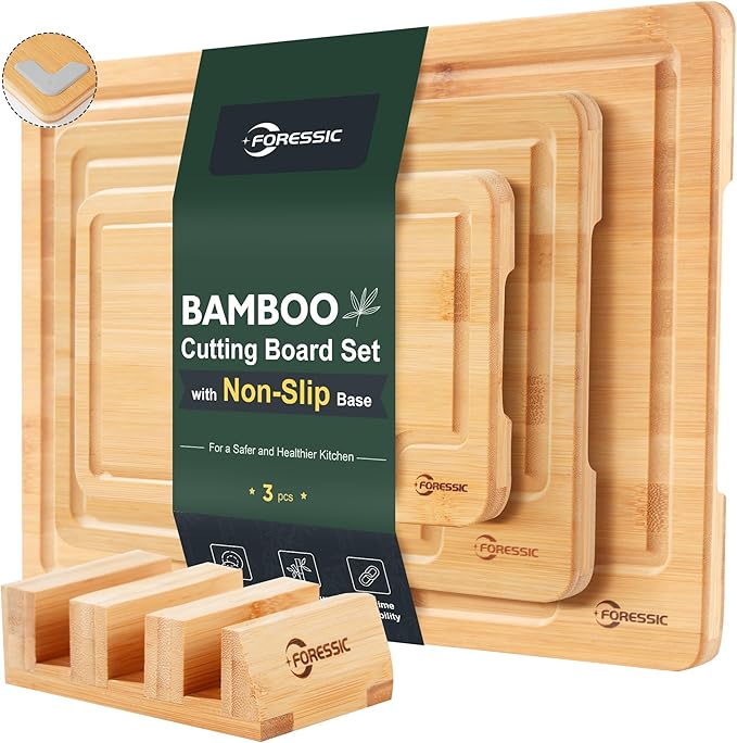Bamboo Cutting Board, Durable Wood Cutting Boards for Kitchen Set 3 Packs with Non Slip Feet Holder and Over Sink Solid Thick Reversible Large Big Small Vegetables Fruits Kitchen Gifts (Natural)