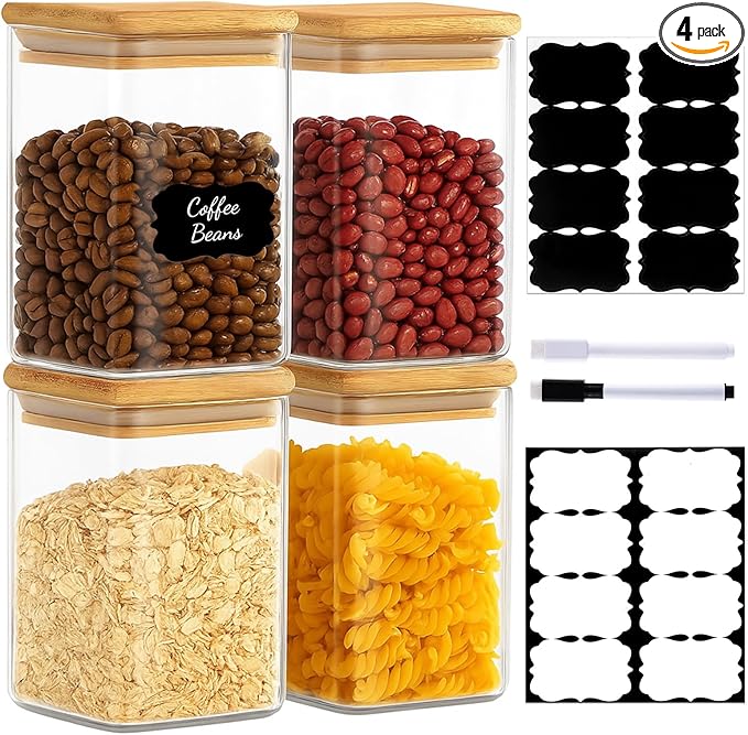 37oz(1.2Qt) Square Glass Storage Containers with Bamboo Lids – 4 Pack Clear Food Airtight Glass Jars for Pantry Organizers and Storage, Kitchen Dry Food, Coffee, Sugar, Flour, Snacks, Spices