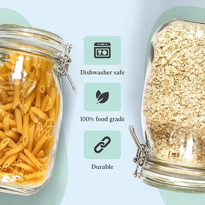 Set of 3 Glass Mason Jar 64 Ounces with Airtight Lid Large Jars With Stainless Steel Bail And Trigger Clamps