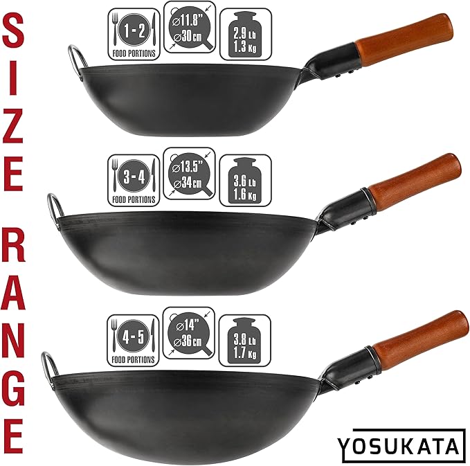 YOSUKATA 13.5" Carbon Steel Wok Pan – Pre-Seasoned Flat Bottom Pow Wok for Stir Fry, BBQ, Grill & Camping – Traditional Japanese Chinese Cookware – Compatible with Induction, Electric, Gas, Open Fire