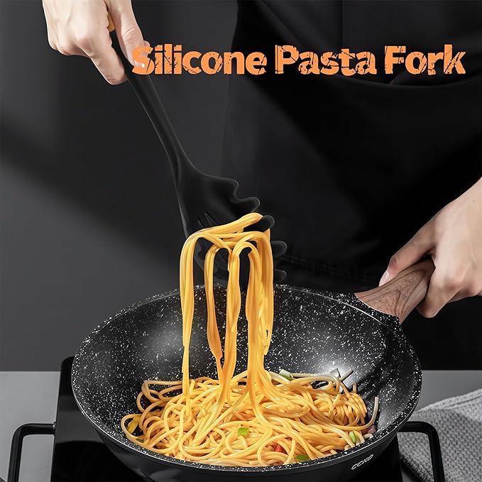 Silicone Cooking Spoon and Pasta Fork Set, 2 Pack Large Spatula Spoons Set with Wooden Handle, Nonstick Multifunction Spoon for Cooking, Serving, Mixing and Spaghetti (Black)