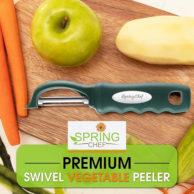 Spring Chef Premium Swivel Vegetable Peelers for Kitchen, Stainless Steel Apple Peelers with Soft Grip Handle and Sharp Blades, Perfect for Potato, Carrot, Mango, Cucumber - Set of 2 - Pine Green