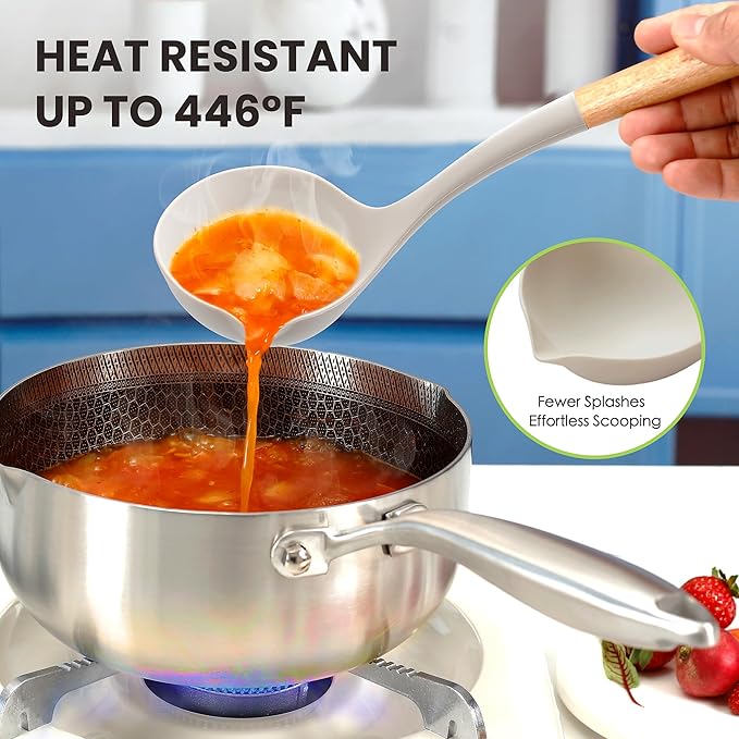 Large Silicone Cooking Utensils Set 7 Pcs, Wooden Handles Heat Resistant Spatula Set, Food Grade Silicone Kitchen Utensils Set with Holder, Gadgets BPA Free for Non-Stick Cookware