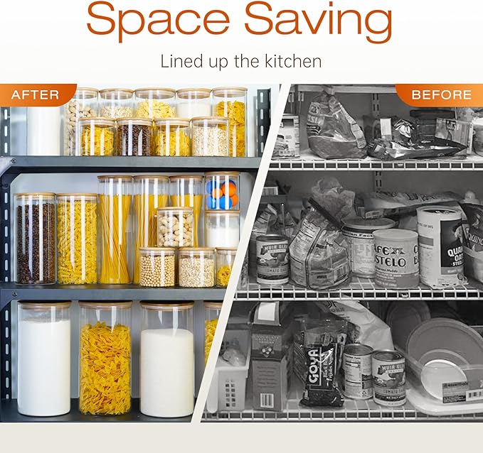 Glass Jars with Bamboo Lids [Muti Size Set of 5], Glass Canisters with Airtight Lids, Glass Food Storage Containers for Pasta, Oats, Coffee, Flour, Sugar, Rice, Best for Kitchen & Pantry