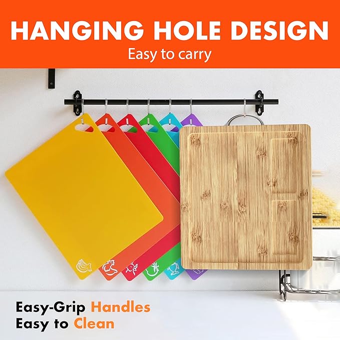 Cutting Boards for Kitchen – Bamboo Cutting Board with 7 Color-Coded Chopping Mats + Bonus Wood Cutting Board – Knife-Friendly & Dishwasher Safe Wooden Cutting Boards for Kitchen.