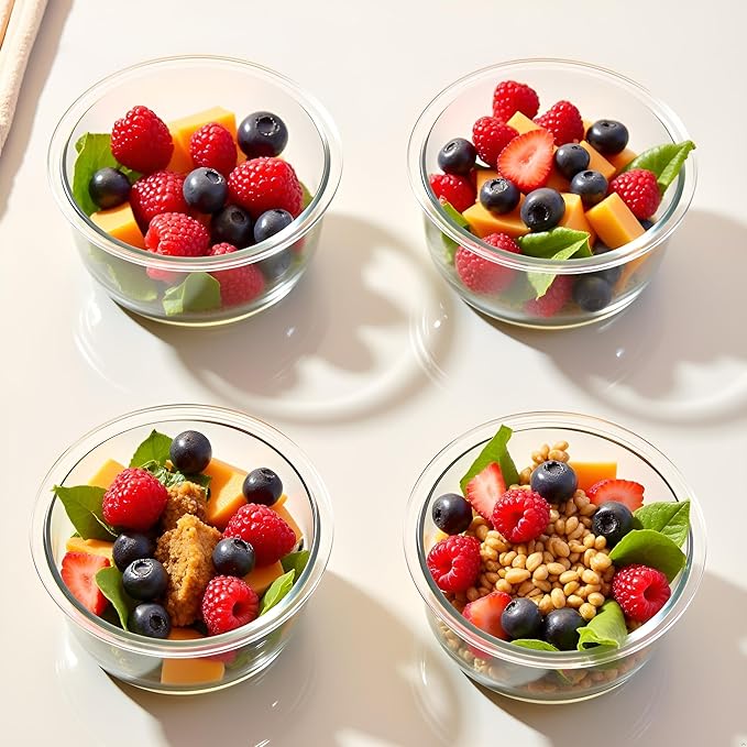 12OZ Round Glass Food Storage Containers With Lids, 1.5 Cup Round Meal Prep Containers with Lid BPA-Free, Small Glass Food Bowl for Soup Leftover, Microwave, Dishwasher, Freezer Safe-4 Pack