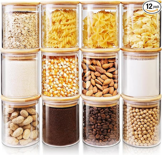 Glass Jars with Bamboo Lids 17 FL OZ [Set of 12], Glass Canisters with Airtight Lids, Glass Food Storage Containers for Spice, Coffee, Sugar, Tea, Candies, Cookies,Best for Kitchen & Pantry
