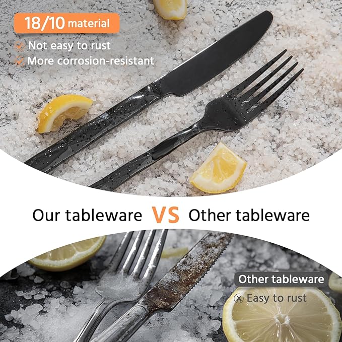 KINGSTONE Black Silverware Set, Luxury 40 Piece Flatware Set for, 18/10 Stainless Steel Cutlery Set with Diamond Cut Pattern for Kitchen, Home, Wedding, Party, Mirror Polished and Dishwasher Safe