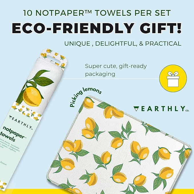 Reusable Paper Towels - 10 Pack - Roll of Washable Cotton Cloth Paper Towels - Paperless Reusable Napkins Cloth Washable - Absorbent + Long Lasting - Zero Waste Products - (Lemon)