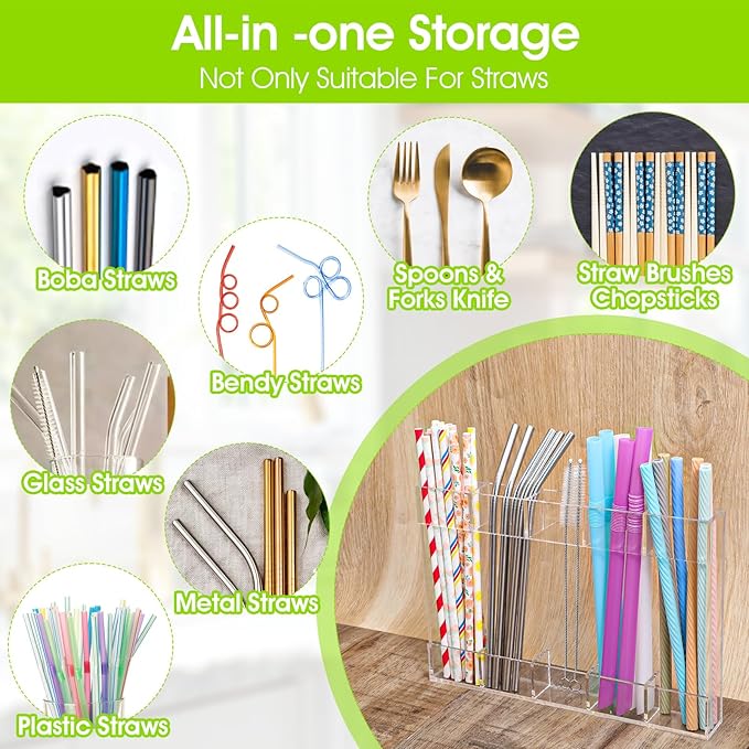 2 Pack Straw Holder for Cabinet, Acrylic Straw Organizer Cabinet Door Straw Holder with Double Sided Adhesive Tape and Stickers Straw Rack for Counter Cabinet Cupboard Kitchen (Clear)