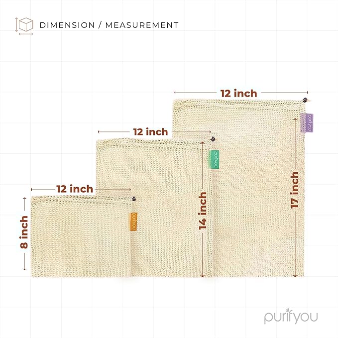 purifyou Set of 9 Reusable Organic Cotton Produce Bags – Heavy Duty Double-Stitched Mesh, Unbleached, Drawstring Closure – 2 XL (12x20), 5 L (12x14), 2 S (12x8)