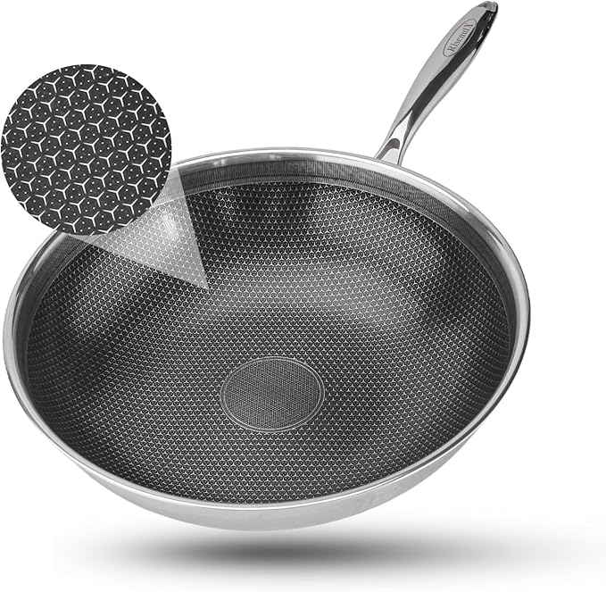 Hybrid Non Stick Wok, 13 inch Frying Pans Nonstick, Stainless Steel woks, PFOA Free Cookware, Dishwasher and Oven Safe, Induction Compatible