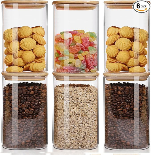 50oz Glass Food Storage Jars Set of 6,Glass Storage Containers Clear Glass Food Canister with Bamboo Lid Airtight For Serving Tea, Coffee, Flour, Sugar, Candy, Cookie, Spice and More (Square)