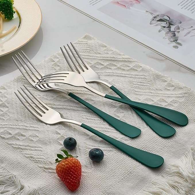 Green Dinner Fork, 18/0 Green handle Stainless Steel Satin Finish 8.1-inch Silverware Flatware Fork Set, Set of 12, Dishwasher SafG