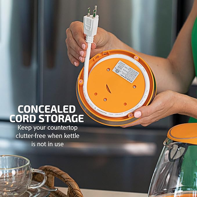 OVENTE Electric Kettle, 1.5L Borosilicate Glass Countertop Water Heater and Boiler for Coffee or Tea, BPA-Free, Auto Shut-Off, Boil-Dry Protection, Removable and Washable Spout Filter, Orange KG83O