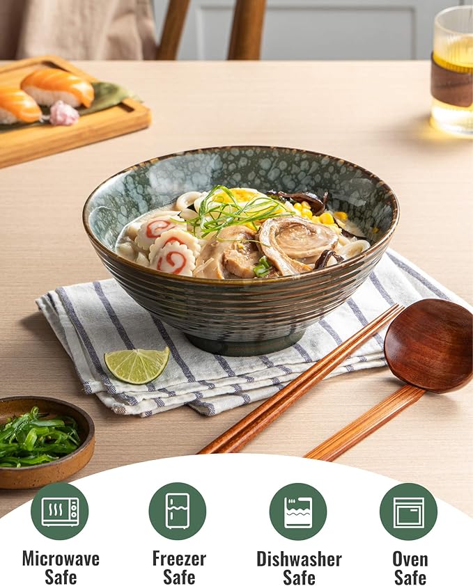 8 Inch 40oz Large Japanese Ramen Bowl Set of 2,Material Safety Ceramic Ramen Bowls with Matching Chopsticks and Spoons, Pho Bowls Ramen Noodle Bowl for Asian Udon Soup Salad Cereal(Green)
