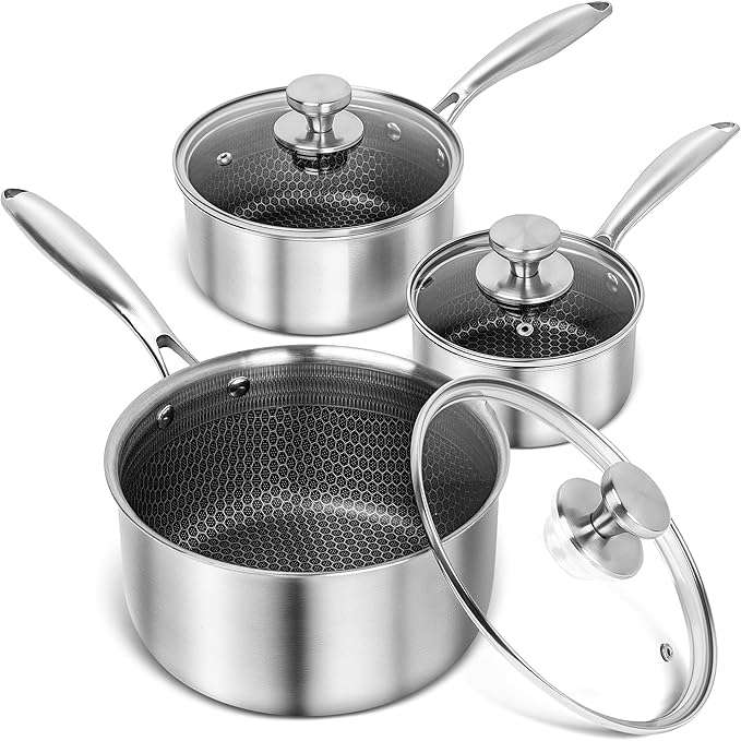 MICHELANGELO Stainless Steel Saucepan Set 1QT & 2QT & 3QT, Premium Triple Ply Sauce Pan with Lid, Sauce Pot with Honeycomb Interior - 6pcs