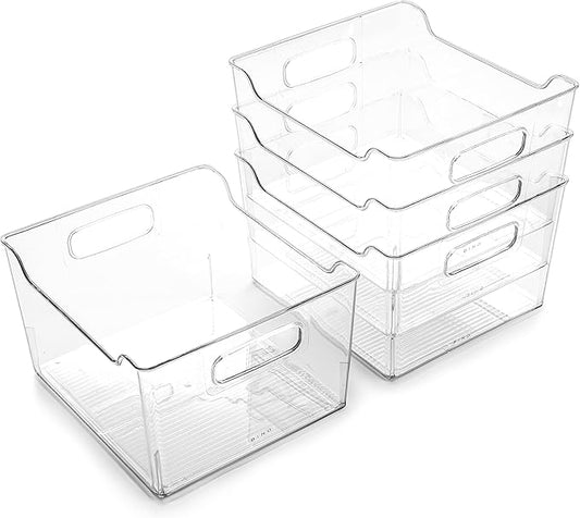 BINO | Plastic Storage Bins - 4 Pack | THE LODGE COLLECTION | Clear Storage | Containers for Organizing with Handles | Pantry Kitchen Organization | Fridge Organizer | Bathroom | Shelves Cabinet