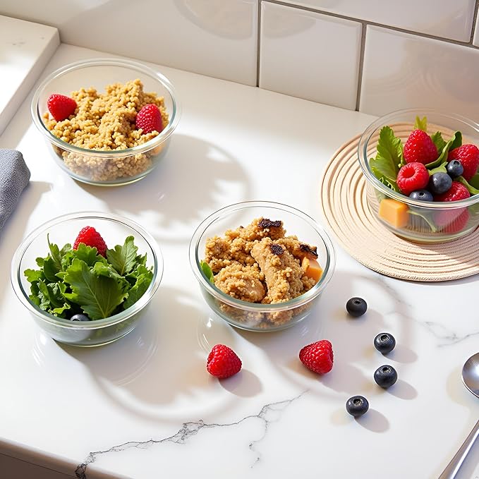 12OZ Round Glass Food Storage Containers With Lids, 1.5 Cup Round Meal Prep Containers with Lid BPA-Free, Small Glass Food Bowl for Soup Leftover, Microwave, Dishwasher, Freezer Safe-4 Pack