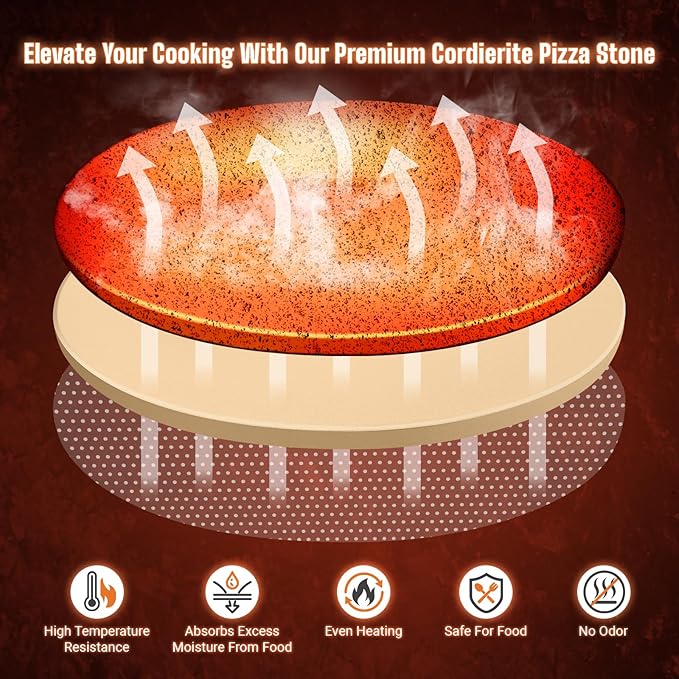 16 Inch Round Pizza Stone for Oven - Cordierite Baking Stone for Pizza, Cookies & Bread, Even Heating, Thermal Shock Resistant, Grill Pizza Stone with Stainless Steel Cutter & 20 PCS Parchment Papers