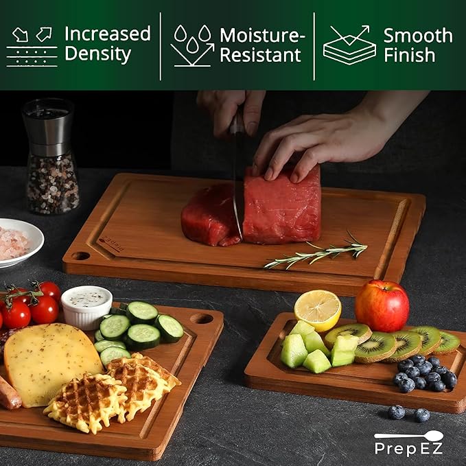 Heavy-Duty Cutting Boards for Kitchen – (Pack of 3) Wood Cutting Board Set – Bamboo Cutting Board Set with Deep Juice Grooves – Ideal for Chopping Meat, Vegetables & Fruits etc.