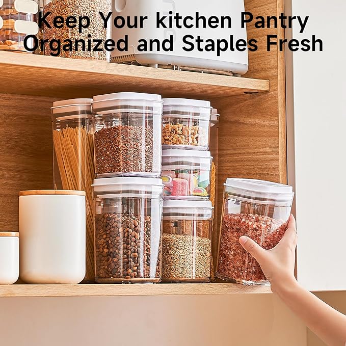 Pop Top Food Storage Container Set | 6Pcs Airtight Cereal Storage Organizer Canisters with Pop Lids, BPA-Free, Vacuum Seal & One-button Opening, Stackable Pantry Containers for Dry Food Storage
