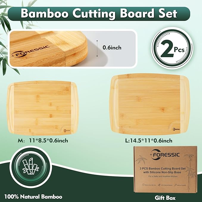 Bamboo Cutting Board Set Non Slip Feet Butcher Block 2-Pcs With Smooth Surface Knife-Friendly and Easy Storage For Kitchens Meal Prep & Serving Kitchen Gadgets
