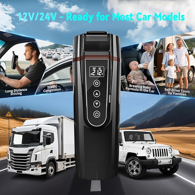 Car Electric Kettle for Travel : FVPE 12V/24V Small Electric Water Kettle, Multi-Temp Control 400 mL Portable Car Water Boiler for Brewing Coffee Tea,LCD Display 304 Stainless Steel Truck Heating Cup