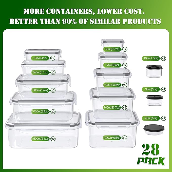 RockBerry 56 PCS Food Storage Containers with Lids Airtight- Plastic Container for Pantry Kitchen Organization-Microwave Dishwasher,Freezer Safe 100% Leak Proof (28 Stackable Boxes-28 Lids)
