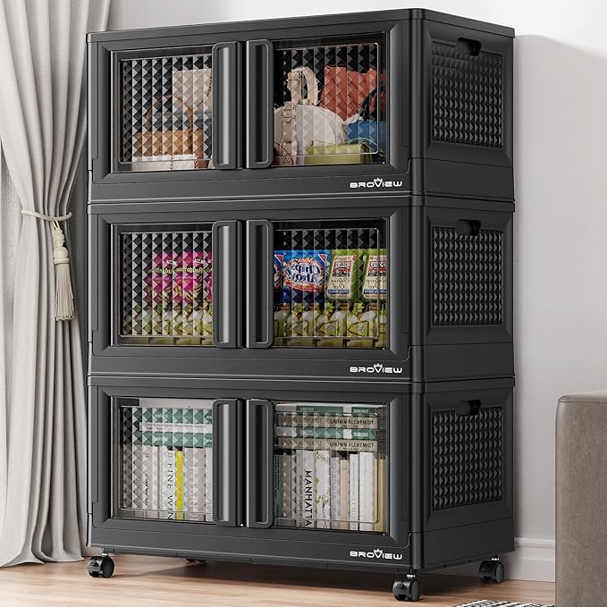 BROVIEW 300Qt Stackable Storage Bins with Lids, 75Gal Closet Organizers and Storage Drawer, Plastic Collapsible Storage Bins with Doors, Heavy Duty Store Box Cabinet for Home Kitchen, 3Pack Black
