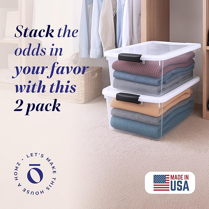 HOMZ 2-Pack Secure Latch, Clear Plastic Storage Organizer Bins, 64 Quart, Gray Latches - Stackable Container Boxes for Bedroom, Bathroom, Garage, and Office Organization