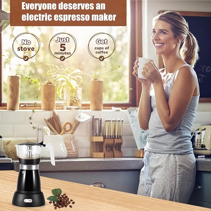AOZBZ Coffee Pot Electric Espresso Coffe Maker, 300ml 6 Cups Stainless Steel Moka Pot with Overheat Protection and Detachable Base, Portable Italian Moka Maker, 450W