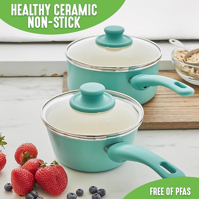 GreenLife Soft Grip 1QT and 2QT Saucepan Set, Healthy Ceramic Nonstick, Non Toxic PFAS & PFOA-Free, Dishwasher Safe, Glass Lids, Stay-Cool Handles, Easy Clean Cookware, Kitchen Essentials, Turquoise