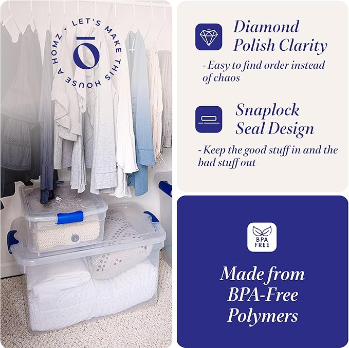 HOMZ 4-Pack Latching Lid, Large Clear Plastic Storage Bins with Lids, 31 Quart, Blue Latch - Stackable Container Boxes for Home, Bathroom, and Office Organization