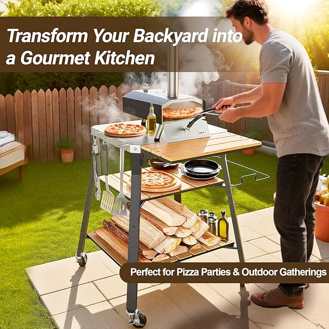 Pizza Oven Stand & Shelf for Solo Stove Pi Pizza Oven, Outrdoor XSKUNStand for Ninja Woodfire, Kitchen Table for Cooking with Stainless Steel Top, WPC Storage Shelves, Lockable 360° Swivel Wheels