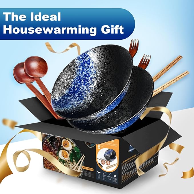 8-Inch Large Ceramic Ramen Bowl Set of 2 (9 Piece) - Microwave & Dishwasher Safe Porcelain Japanese Salad Noodles Cereal Fruit Pasta Soup Bowls with Recipes Chopsticks Forks Spoons for Men Women Gift