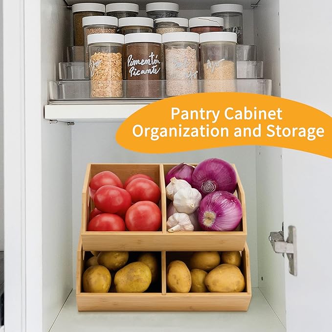2 Set Bamboo Storage Bin, Pantry Organization and Storage Baskets, Kitchen Organization, Potato and Onion Storage Bin - Ideal for Pantry, Countertop, and Vegetable Storage