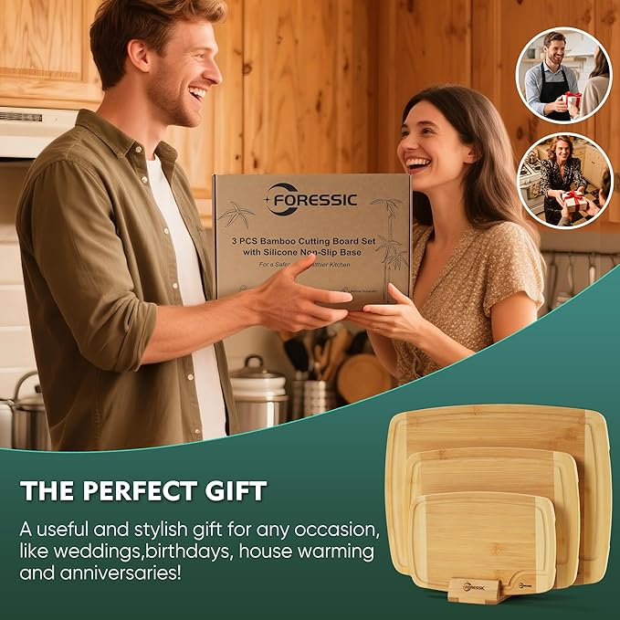 Bamboo Cutting Board Set 3 Packs with Non Slip Feet Holder and Over Sink Nice Solid Thick Durable Wood Cutting Boards for Kitchen Extra Large Big Small Vegetables and Fruits Kitchen Gifts