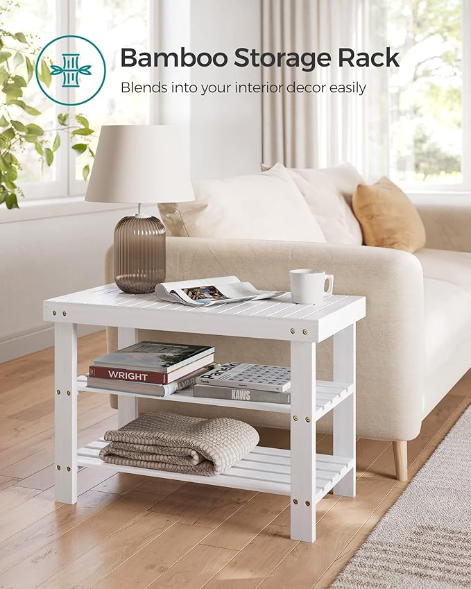 SONGMICS Shoe Rack Bench, 3-Tier Bamboo Shoe Storage Organizer, Entryway Bench, Holds Up to 286 lb, 11.3 x 27.6 x 17.8 Inches, for Entryway Bathroom Bedroom, Cloud White ULBS004W01